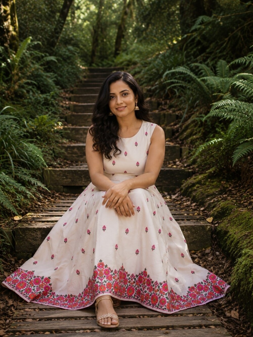 Cream Floral Sleeveless Ethnic Indian wear with Pink Bouquet Embroidery